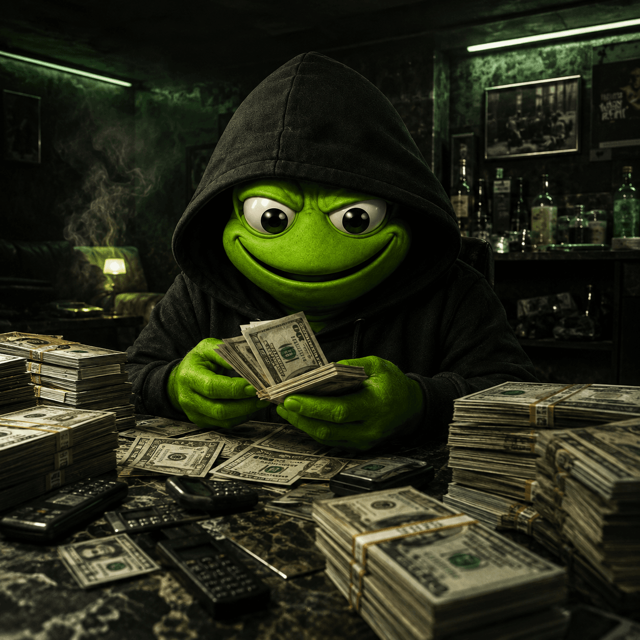 The Toad Dealer counting a fan of banknotes at a marble table surrounded by cash stacks and burner phones in a dim green-lit back room
