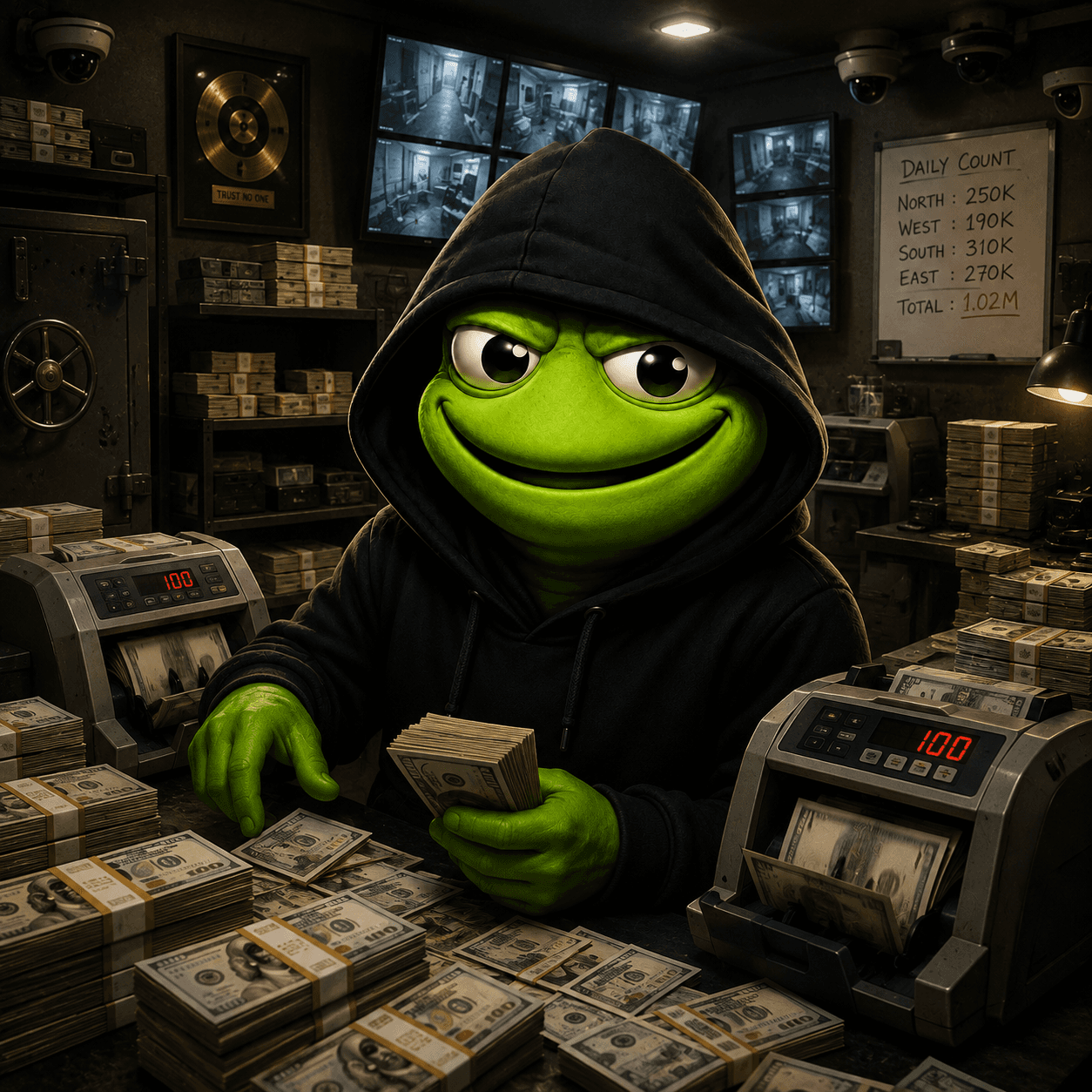 The Toad Dealer counting banknotes in a back room lined with cash counters, safes and CCTV monitors