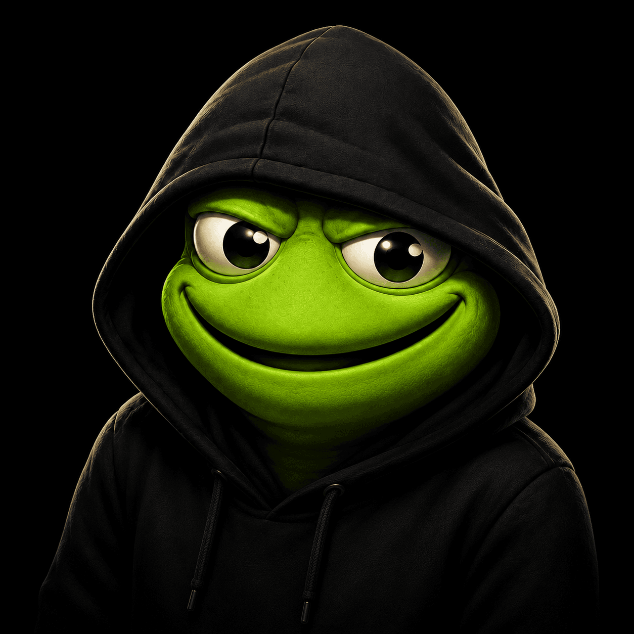 Close-up portrait of The Toad Dealer in a black hood against a black background
