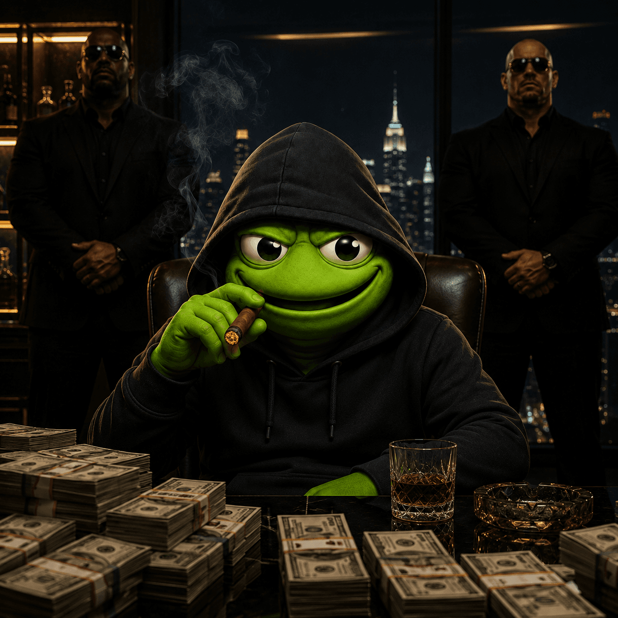 The Toad Dealer sitting behind stacks of cash in a penthouse office at night, flanked by two guards
